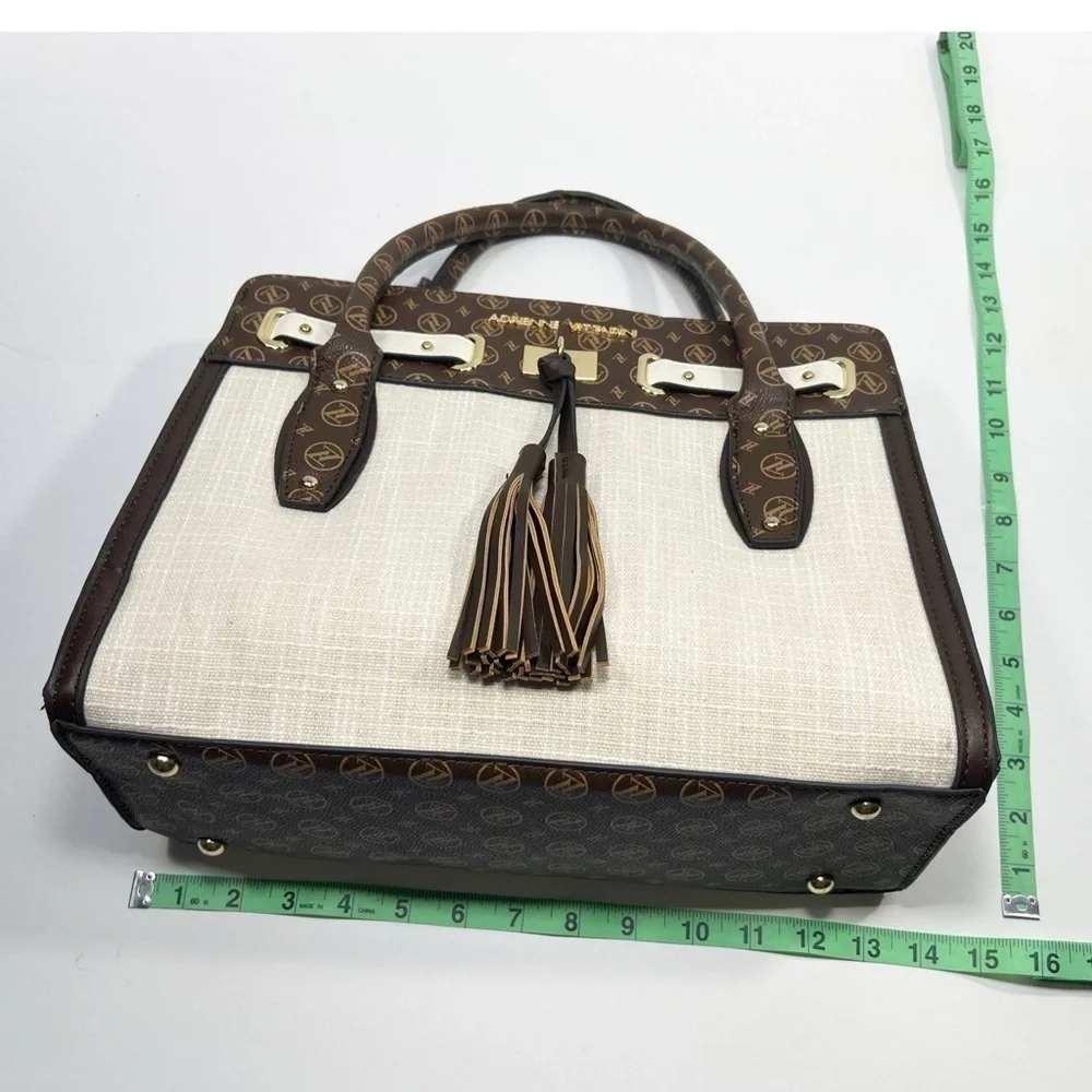 Adrienne Vittadini Brown Vegan Leather and Cream Linen Medium  Handbag